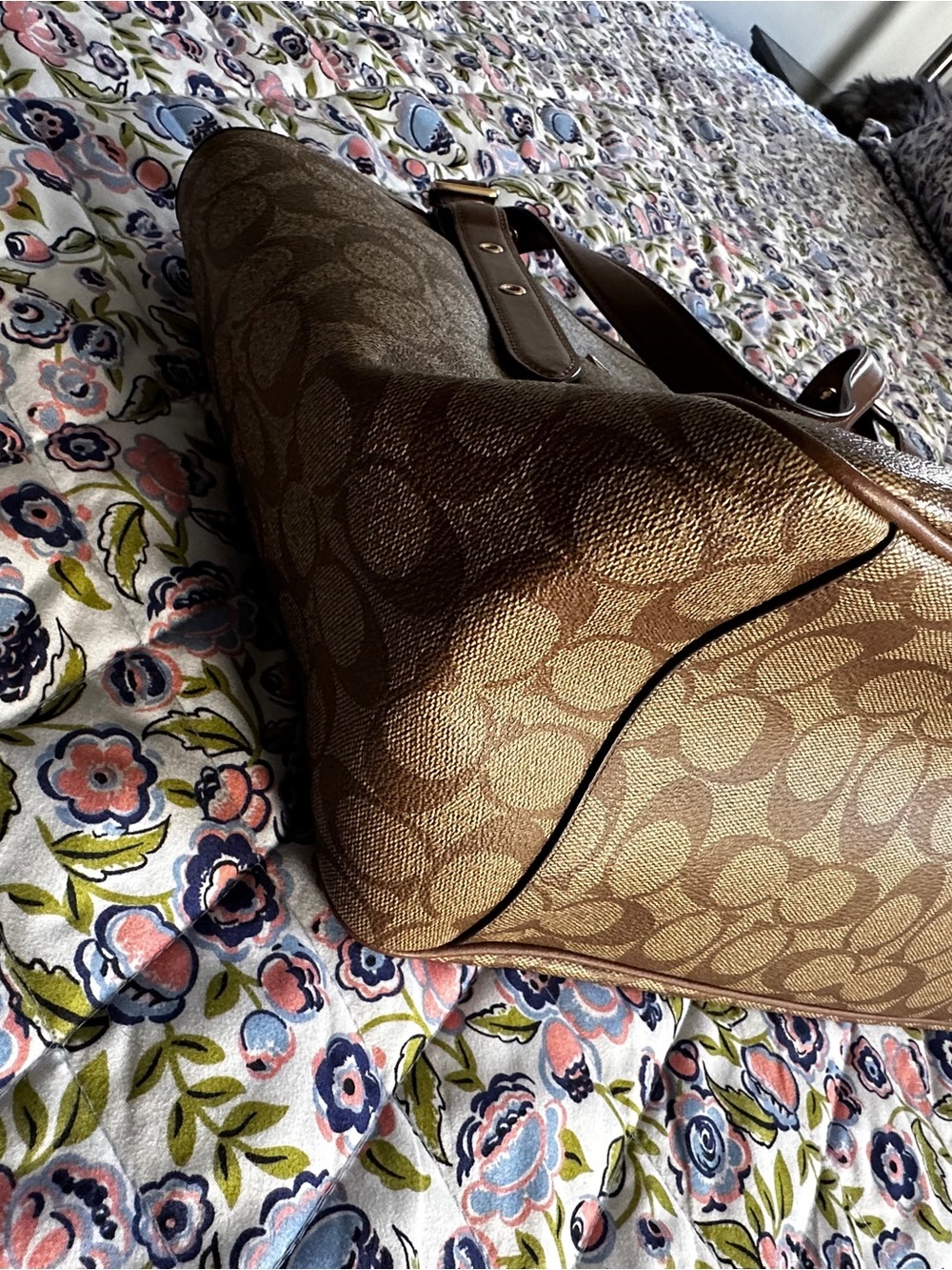 Coach Brown Signature Canvas Shoulder Tote with Leather Trim - Picture 4 of 6